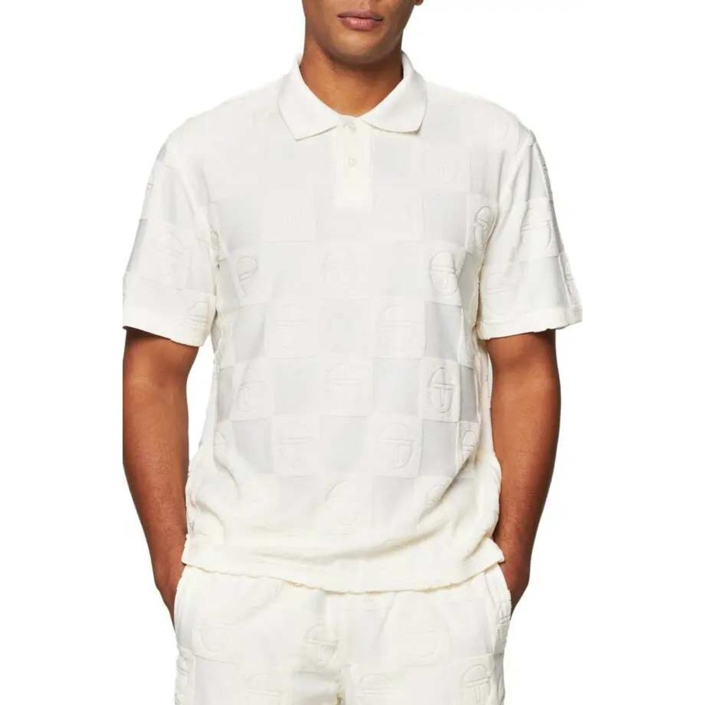 Size 2XL - Sergio Tacchini Mens Damarindo Terry Polo White Monogram Checkerboard
